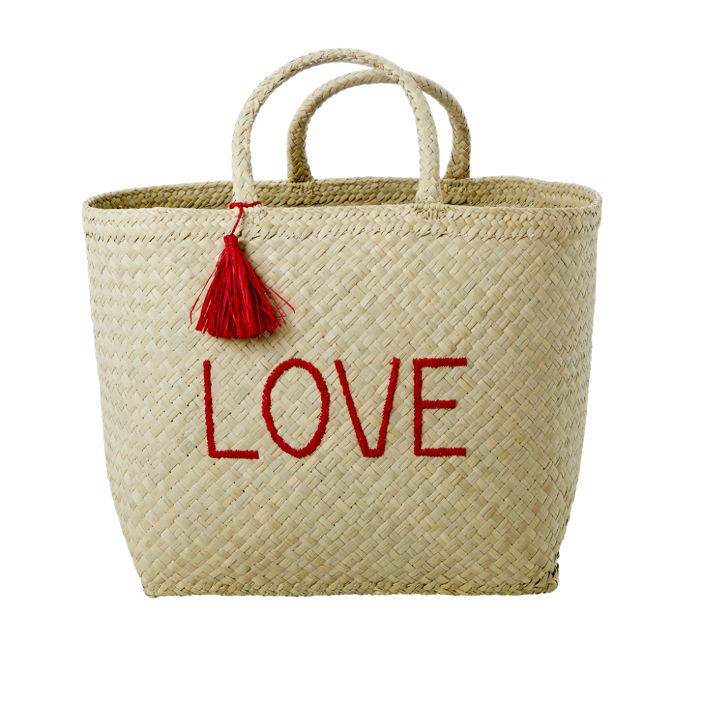 Natural Raffia Shopping Basket LOVE & Red Tassel By Rice DK